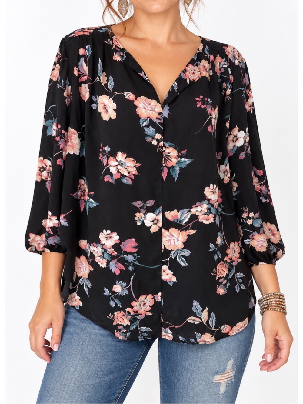 Pleione black floral blouse- XL